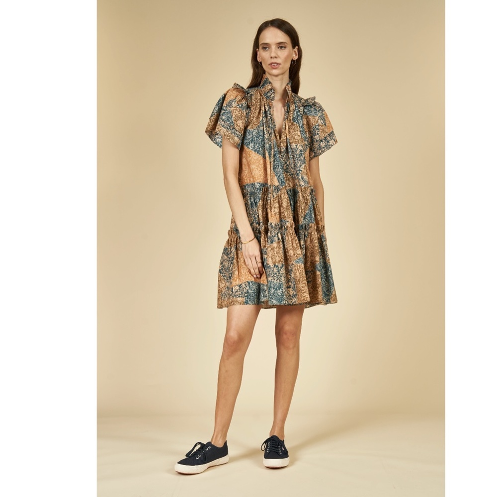 NWOT Hunter Bell Merritt Shift Dress Womens Large Blue Tan Short Sleeve V-Neck - Picture 2 of 13